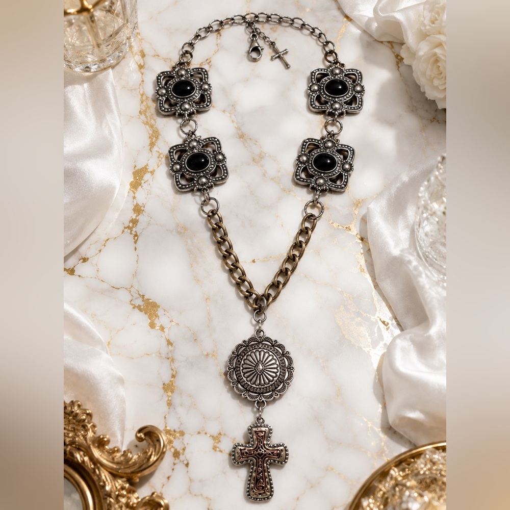 RUBYRUDI Western Core Up Cycle Concho Cross Necklace Artisan Handcrafted Jewelry